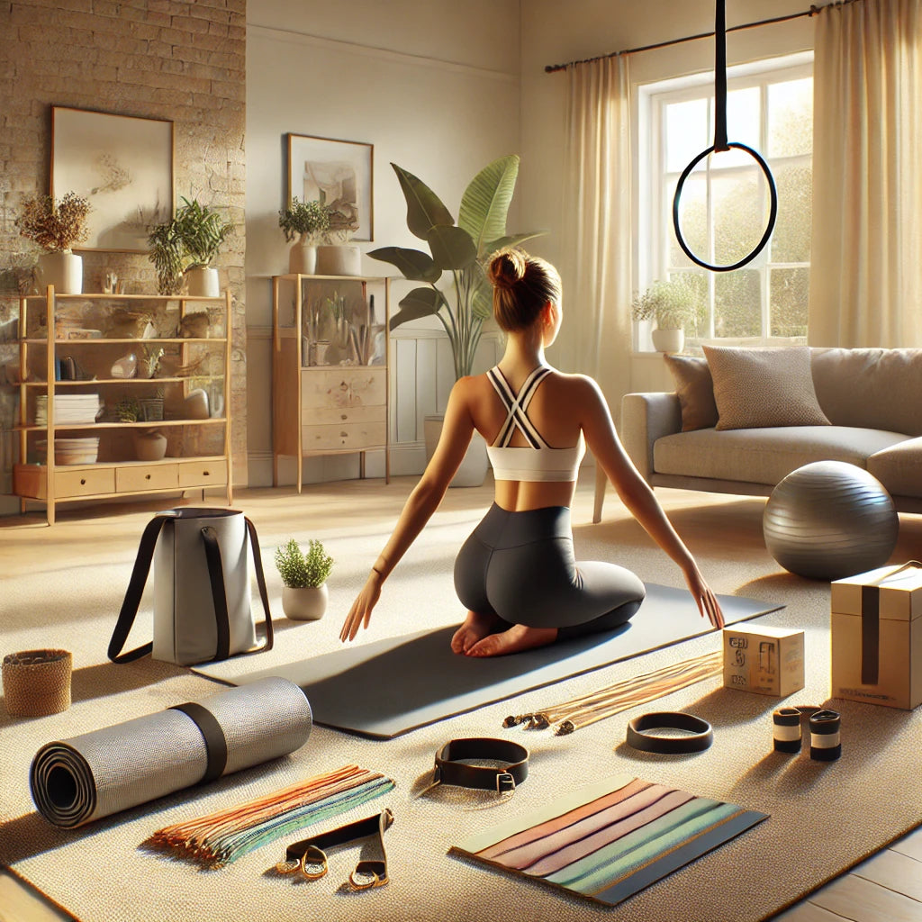 Woman practicing yoga in a well-lit living room with various yoga props.